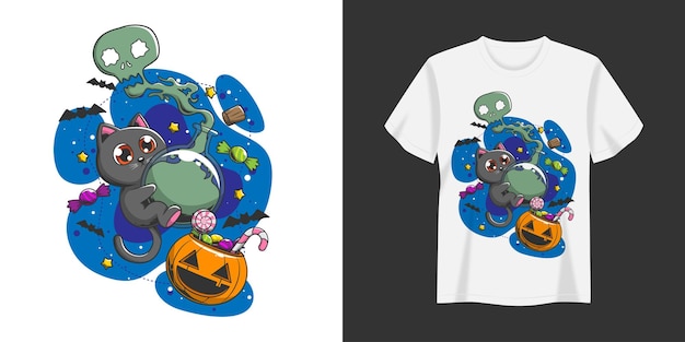 Plik wektorowy black cat halloween ilustracja t-shirt i odzież drukowanie projekt