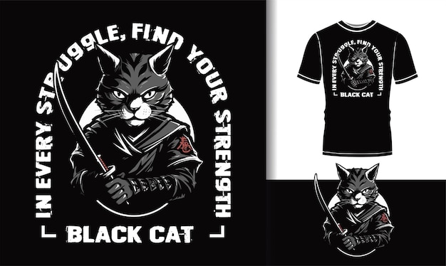 Black Cat Samurai Ilustracja T-shirt Design