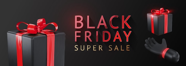 Black Friday Super Sale Realistyczne Czarne Pudełka Ze Złotą Kokardą Ciemne Tło Złoto-czerwone