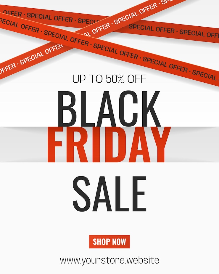 Wektor black friday wyprzedaż pionowy baner z czerwonymi taśmami ostrzegawczymi i tekstem proste tło do reklamy
