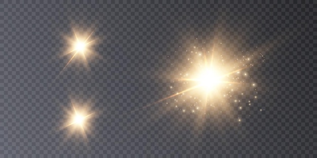 Blask Złotych Gwiazd światła Na Przezroczystym Tle. Niewyraźna Kolekcja Wektorów światła. Błysk, Słońce