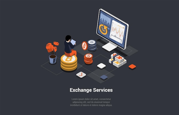 Blockchain Technology Bitcoin Altcoins i postać inwestycji w kryptowaluty używa platformy do wymiany Crypto w usługach z aplikacją mobilną izometryczny 3d Cartoon Vector Illustration