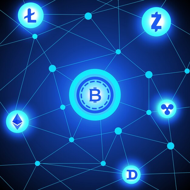Bloki Blockchain z symbolami kryptowaluty.