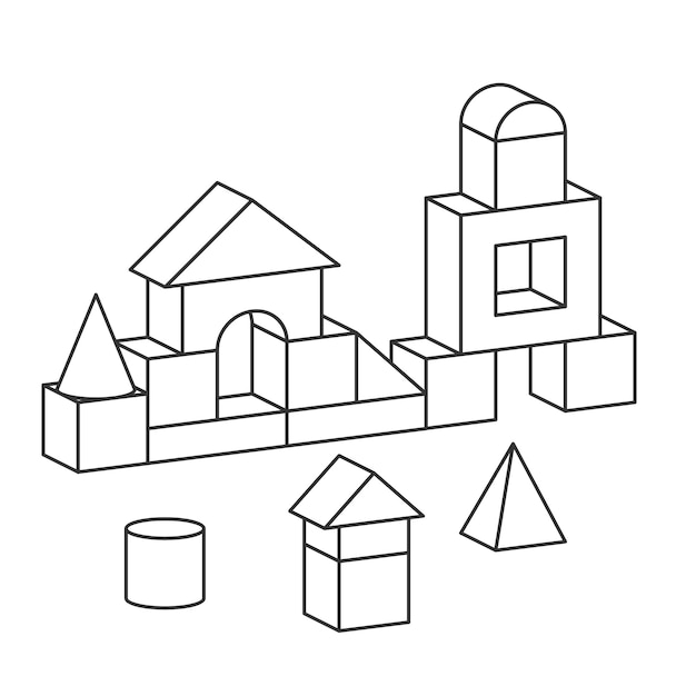 Bloki W Stylu Linii Zabawka Wieża Do Kolorowania. Cegły Budowlane Dla Dzieci, Zamek, Dom.