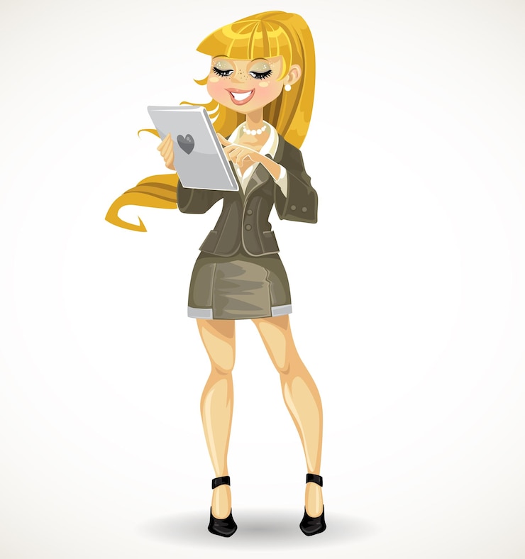 Wektor blond dziewczyna z komputerem typu tablet