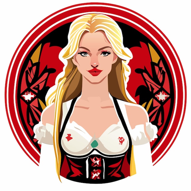 Blondwłosa Czerwono-różowa Kobieta W Bawarskim Stroju Ręcznie Rysowana Naklejka Kreskówka Na Białym Tle Ilustracja