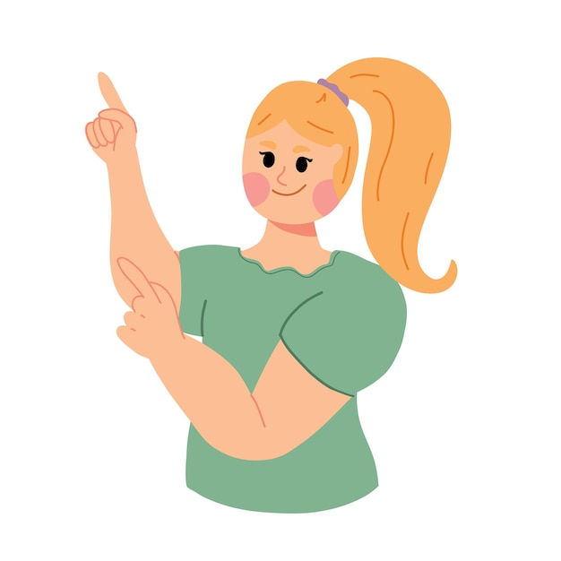 Plik wektorowy blondynka z gestami wskazującymi dłońmi ilustracja