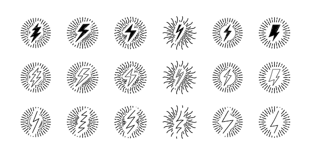 Błyskawica Na Promienie Wybucha Vintage Doodle Zestaw Sunburst Z Piorunem Ręcznie Rysowane Scribble Colle