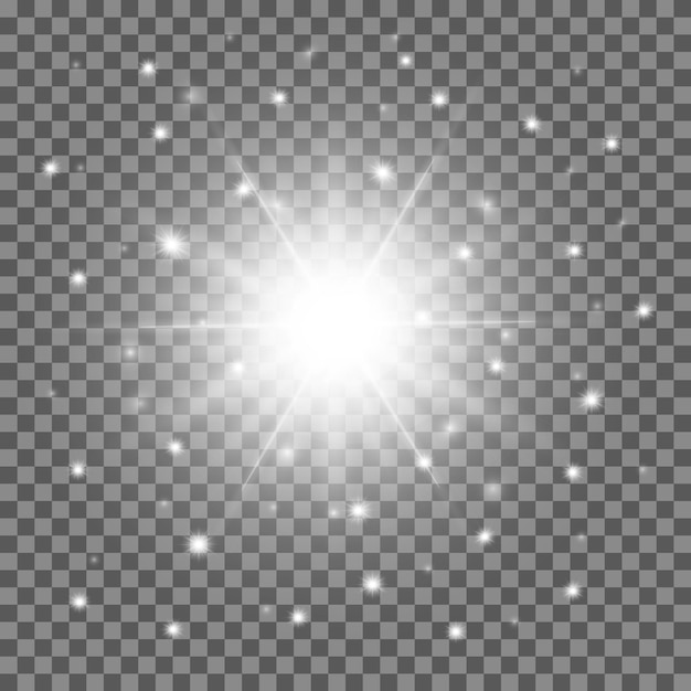 Plik wektorowy błyszcząca błyszcząca biała gwiazda z błyszczącymi kropkami, jasnym światłem wektorowego symbolu sunburst, znakiem kosmicznych gwiazd