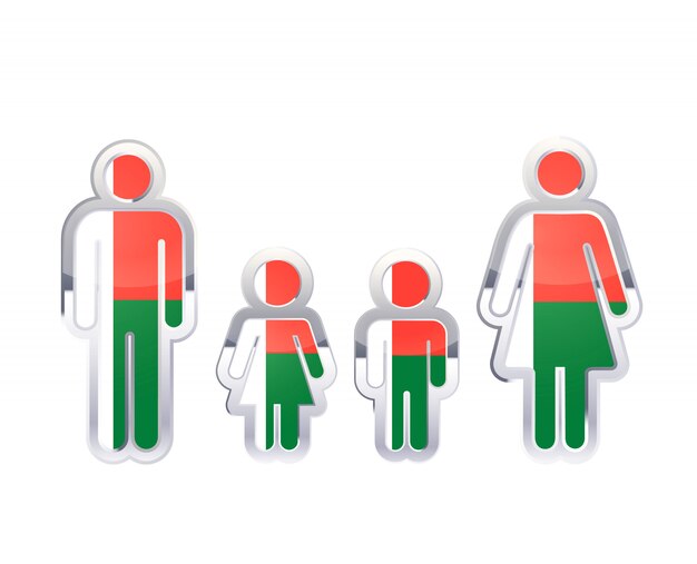 Plik wektorowy błyszcząca metalowa odznaka ikona w kształcie mężczyzny, kobiety i dzieci z flagą madagaskaru, infografikę elementu na białym tle