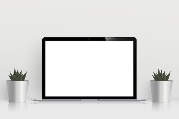 Błyszczący biały stół z makietą laptopa