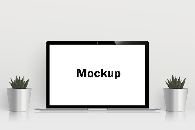 Błyszczący biały stół z tabletką i kaktusem w garnku izolowanym na tle Mock up szablon