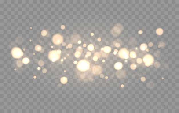 Błyszczący bokeh na przezroczystym tle. Złote światła bokeh ze świecącymi drobinkami
