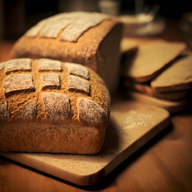 Plik wektorowy bochenki chleba na drewnianym stole na drewnianej desce do krojenia w kuchni