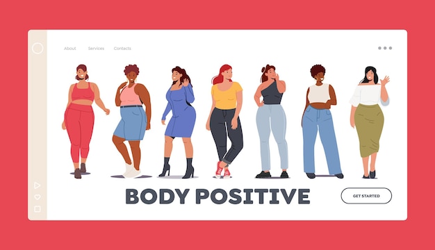 Plik wektorowy body positive landing page template over size kobiece postacie piękne kobiety noszą ubranie na co dzień, sukienkę lub spodnie