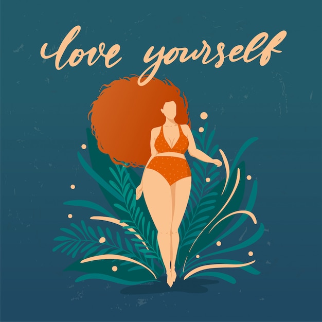 Plik wektorowy bodypositive plakat z modnym ręcznie rysowane napis kochaj siebie. dziewczyna z pięknym włosy na tle zielonych liści i roślin. żeńskie postacie. cytat feministyczny