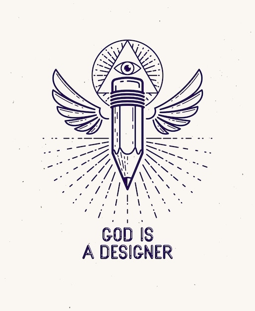 Bóg jest ołówkiem koncepcyjnym z skrzydłami i wszechwidocznym okiem Boga w świętej geometrii trójkąt Bóg jest artystycznym wektorowym logo lub ikoną w modnym stylu liniowym
