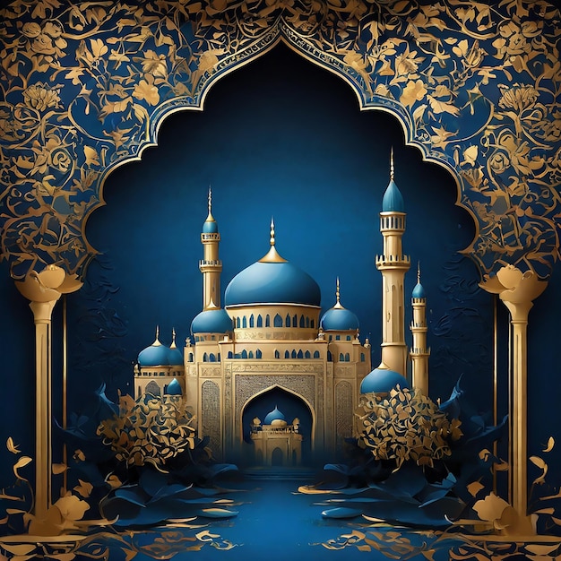 Bogate Niebieskie I Złote Tło Z Eleganckimi Wzorami Kwiatowymi I Wspaniałą Sylwetką Meczetu