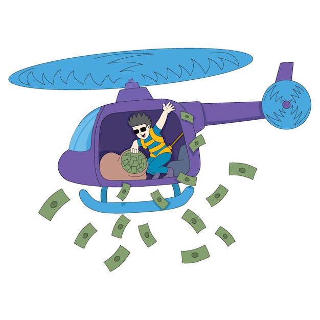 Bogaty I Odnoszący Sukcesy Młody Człowiek Jest Na Helikopterze Sieje Pieniądze