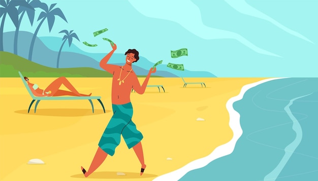 Bogaty wypoczynek zamożni ludzie relaksujący się na plaży letnie wakacje nad morzem kreskówka mężczyzna rzucający banknotami dolarowymi ludzie w strojach kąpielowych opalający się na leżakach wektor luksusowy ośrodek