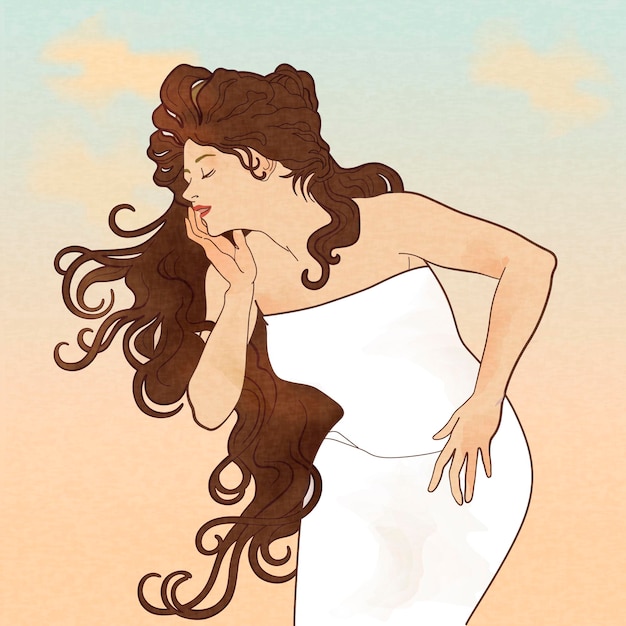 Plik wektorowy bogini z długimi brązowymi włosami w białej sukni