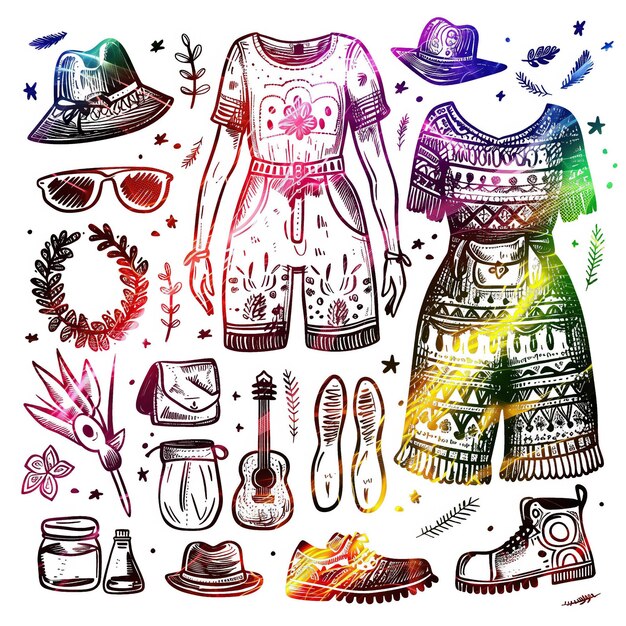 Plik wektorowy bohemian clothes płaski zestaw wektorowy ilustracja wysokiej jakości