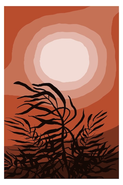 Boho Abstrakcyjny Minimalistyczny Plakat Z Liśćmi I Gałęziami Drzewa Wschodem I Zachodem Słońca Liść Roślin