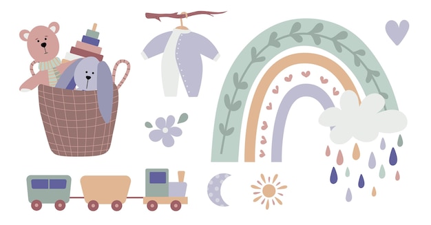 Boho Baby Rainbow Clipart Boho kolorowe zwierzęta tęczy i elementy dla dzieci do projektu