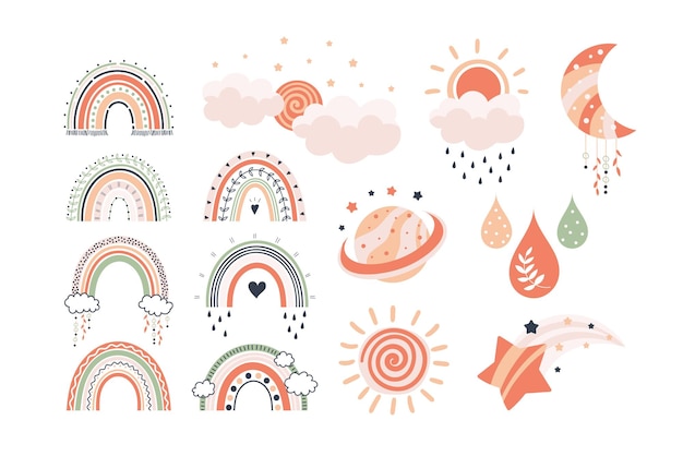 Boho chmury doodle tęczy Słodkie szczęśliwe dziecko wiosna księżyc słońce i gwiazdy dzieci trend dekoracja przedszkola naklejki pogody ręcznie narysowane niebiańskie pocztówka i dziecięce odciski wektorowy odizolowany zestaw