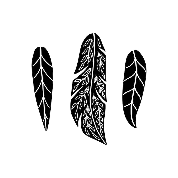 Boho Floral Feather Silhouette Ręcznie Narysowane Pióro W Stylu Linocut Ethnic Icon Vector Izolowany