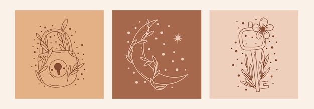 Plik wektorowy boho mystic doodle ezoteryczny zestaw magic line plakat artystyczny z księżycowym kwiatem ręcznie czeskiego nowoczesnego wektora