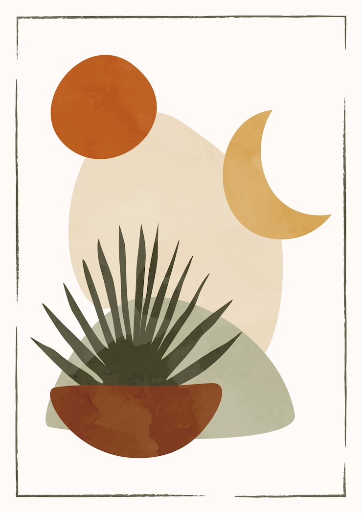 Wektor boho plakat słońce palmy i liści ceramiki i księżyc połowie wieku nowoczesny minimalistyczny druk artystyczny nowoczesny estetyczny projekt boho tapeta szablon karty eps 10 płaski ilustracja
