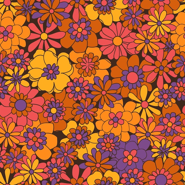 Boho wektorowe tło Kwiatowy vintage bezszwowy wzór Hippie flower power retro tekstylny druk Groovy botaniczna tapeta