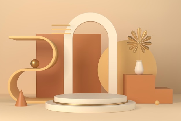 Boho wewnętrzna minimalna scena z podium i geometrycznymi formami 3d ilustracji wektorowych. Cokół sceniczny z łukiem i złotymi liśćmi palmowymi w wazonie na tle produktu kosmetycznego i makiety prezentacji.