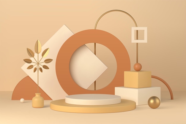 Boho Wewnętrzna Minimalna Scena Z Podium I Geometrycznymi Formami 3d Ilustracji Wektorowych. Cokół Sceniczny Z Ramą I Złotymi Liśćmi Palmowymi W Wazonie Na Tle Produktu Kosmetycznego I Makiety Prezentacji