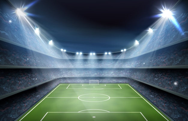 boisko do piłki nożnej lub stadion piłkarski tło z jasnymi reflektorami