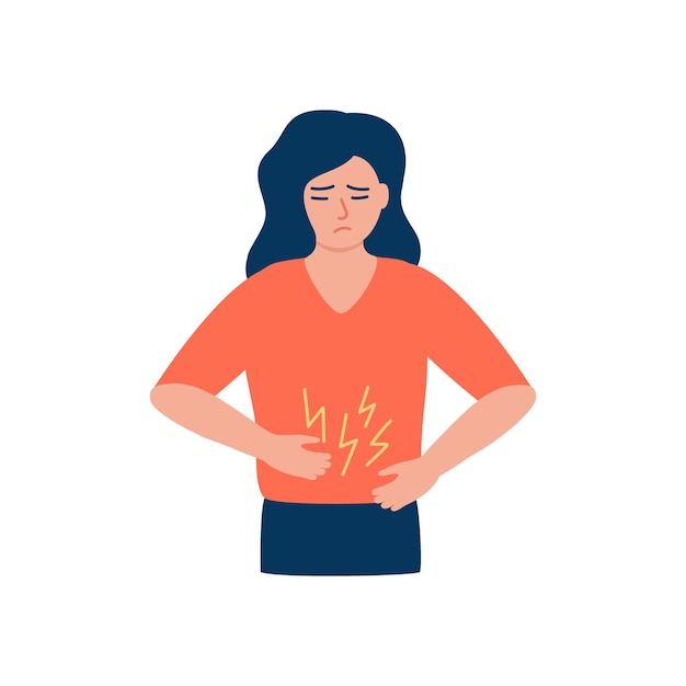 Plik wektorowy ból brzucha kobiety problemy zdrowotne ból brzucha dziewczyna trzymająca ręce na brzuchu