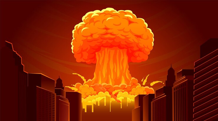 Wektor bomba wybuchowa jądrowa radioaktywna apokalipsa chmura grzyb w mieście kreskówka wybuch bomby atomowej płonący ogień katastrofa zniszczenie miasta ilustracja wektorowa drapacze chmur z płomieniem i dymem