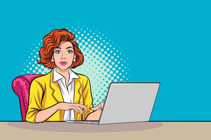 Boss Business kobieta pracuje w stylu komiksów pop-artu laptopa.