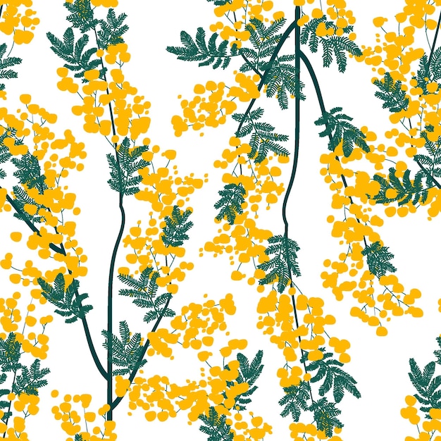 Botaniczny wzór z żółtymi kwiatami mimozy i liśćmi na białym tle.