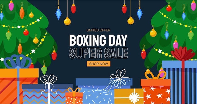 Boxing Day Concept Z Choinką Różne Pudełka Na Prezenty Dla świętego Mikołaja Przedstawia Szczęśliwego Nowego Roku Zimowe Wakacje Płaski Styl