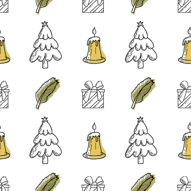 Boże Narodzenie Bezszwowe Wektor Handdrawn Graficzny Wzór Z Bombkami Girlandy świece Prezenty