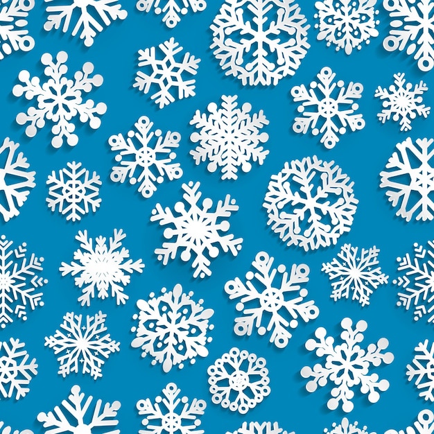 Boże Narodzenie Bezszwowe Wzór Papierowych Płatków śniegu Z Cieniami, Biały Na Niebiesko