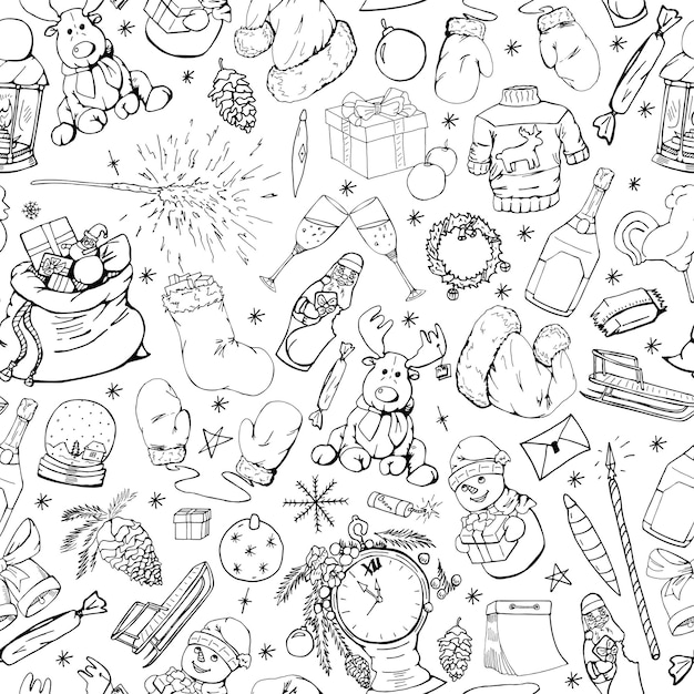 Boże Narodzenie Bezszwowe Wzór W Stylu Doodle Ręcznie Rysowane Ilustracji Wektorowych