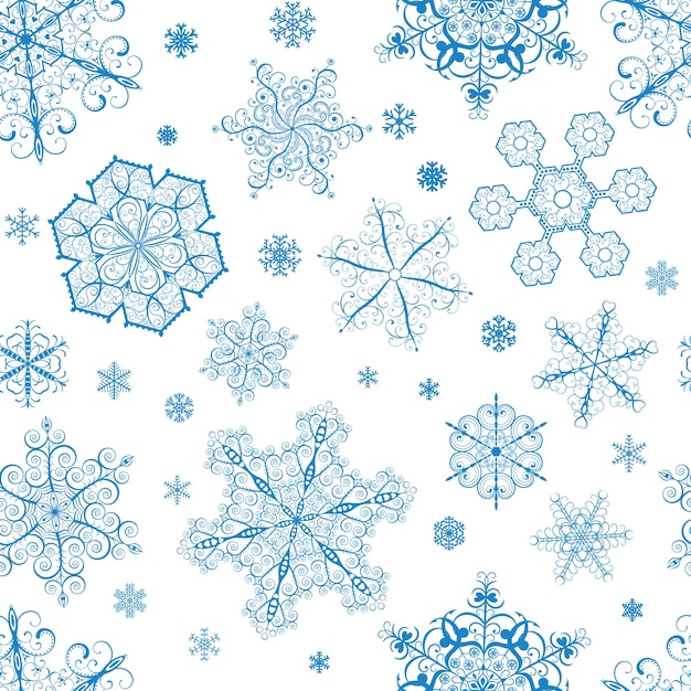 Boże Narodzenie bezszwowe wzór z dużych i małych niebieskich płatków śniegu na białym tle