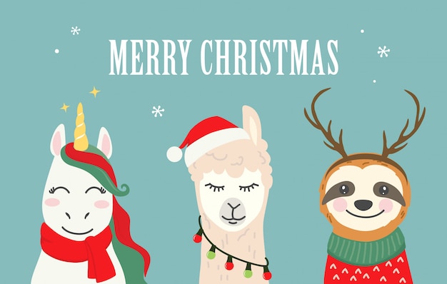 Boże Narodzenie Cartoon Znaków Ilustracje Cute Jednorożca, Lama Alpaki, Lenistwo