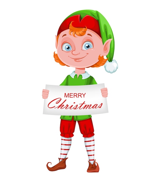 Plik wektorowy boże narodzenie elf trzyma kartkę z życzeniami. wesołych świąt