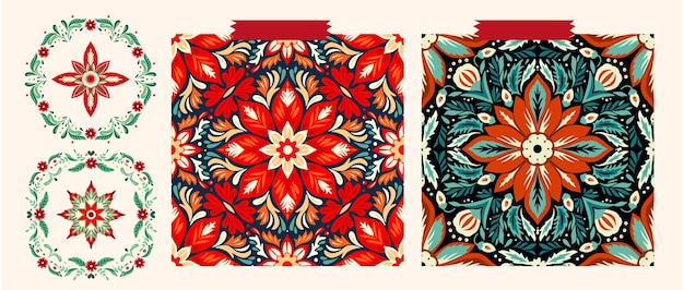 Boże Narodzenie Folk Art Star Floral Boho Seamless Pattern Vextor Set