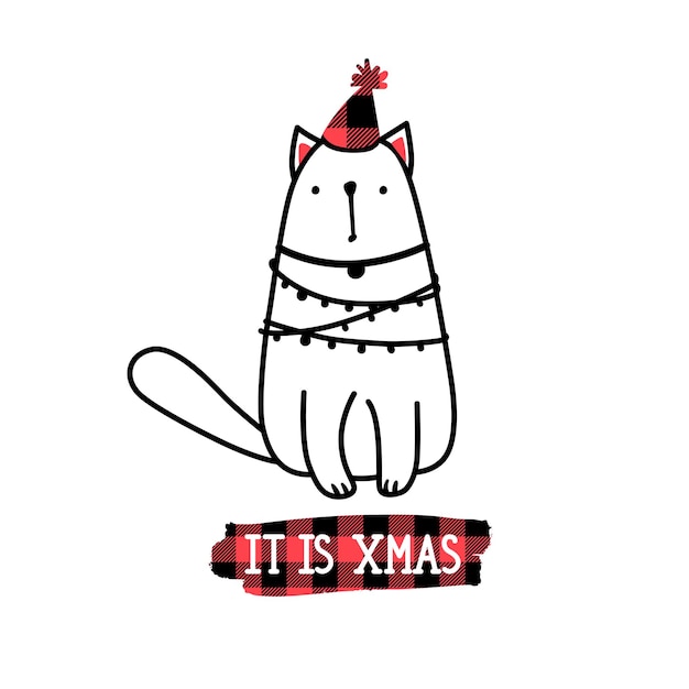 Plik wektorowy boże narodzenie ilustracja kot wektor w stylu doodle szkic. jest to cytat z napisem xmas. karta z pozdrowieniami świątecznymi z zabawną grafiką zwierząt. bawolia plaid.