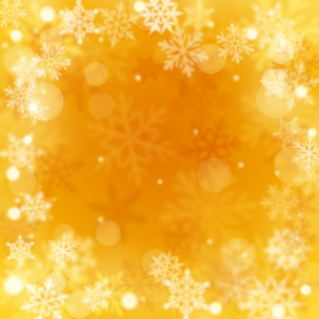 Boże Narodzenie Niewyraźne Tło Złożonych, Niewyraźnych Dużych I Małych Spadających Płatków śniegu W żółtych Kolorach Z Efektem Bokeh